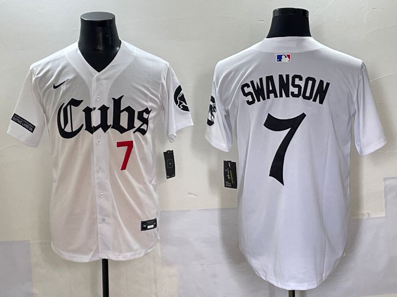 Men 2025 Chicago Cubs #7 Swanson White Five generations Joint Name Nike MLB Jersey style 4